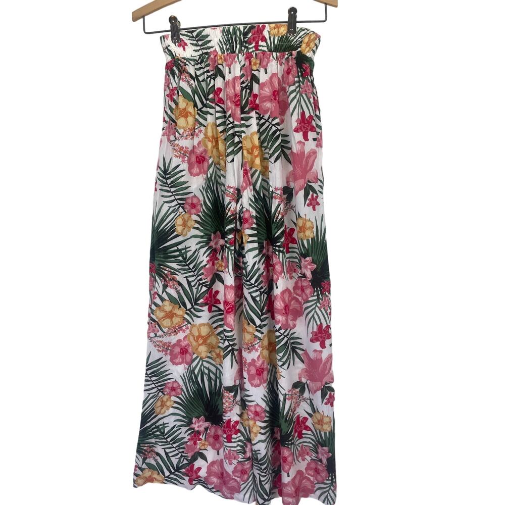 Anna Cai Tropical Palm Floral Palazzo Wide Leg Pull On Wht Yellow Pink Green XS